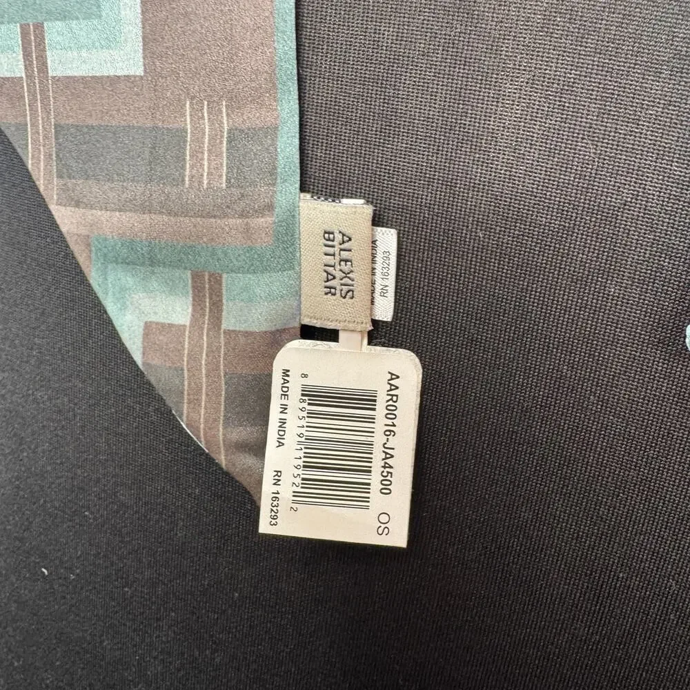 Alexis Bittar Ribbon Hair Scarf Tie Light Blue Gray Deco Grid Casual Party NEW